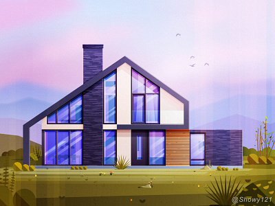 NO.22-Moderne villa architecture build cloud glass house illustration light plant sky