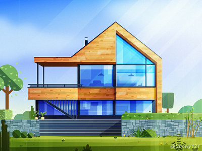 NO.23-Modern Houses architecture build cloud glass house illustration light plant sky
