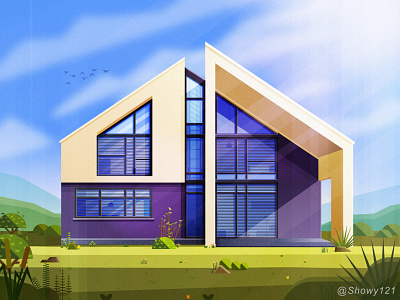 NO.24-Haus in der Backnanger Bucht architecture bird build cloud glass house illustration light mountain plant sky