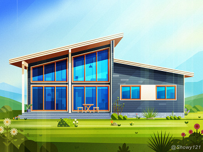 NO.25-A two-story house architecture build glass home house illustration plant sky