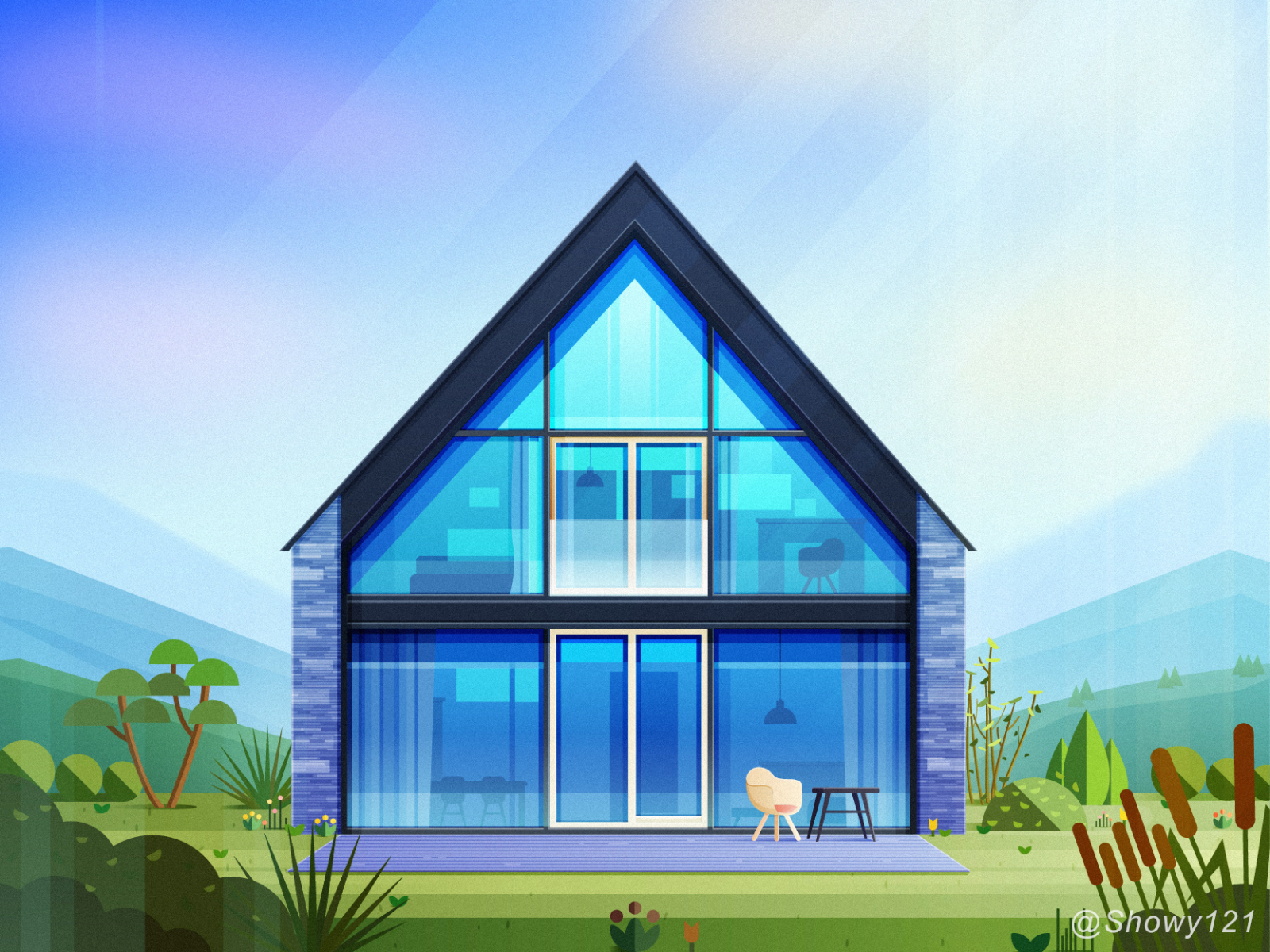 NO.26-Holiday home architecture blue build chair glass house illustration light plant sky windows