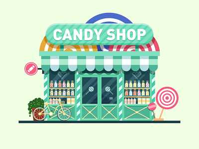 Candy shop architecture bicycle build candy house illustration lollipop shop