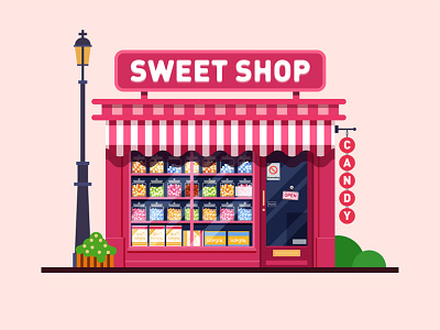 sweet shop architecture build candy house illustration no smoking pink shop street lamp