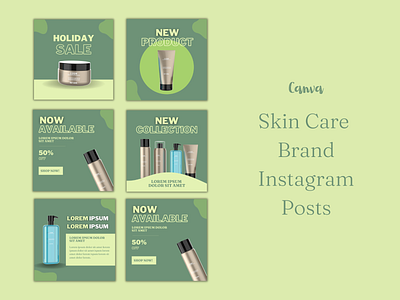 Skin care brand instagram posts branding canva design editable feed graphic design green instagram minimalistic product skin care social media