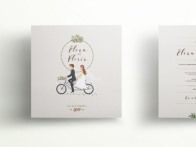 Wedding invitation bike bride colour dress flowers groom leafs ring wedding