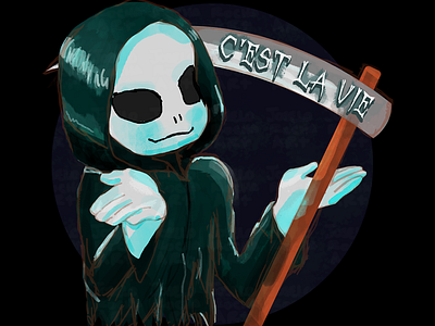 The Grim Reaper says: C'est la vie. and he shrugs. halloween tee character graphic design illustration kawaii halloween shrug