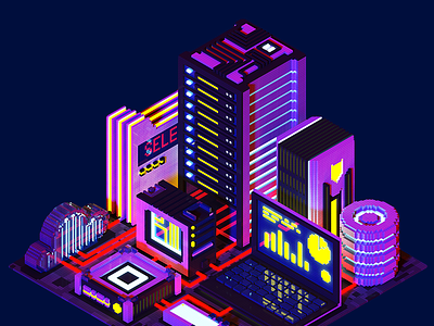 Voxelart night technological city 3d 8bit city isometric magicavoxel night poly low render sci fi server voxel voxelart