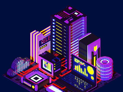 Voxelart night technological city