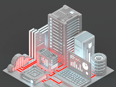 Voxelart clean technological city 3d 8bit city isometric low magicavoxel night poly render server voxel voxelart