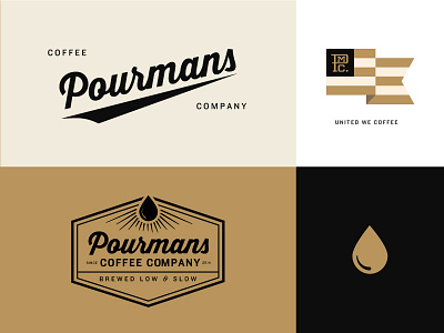 Pourmans Coffee Branding & Assets | WIP branding coffee coldbrew dark flag gold logo man nitro pour script united