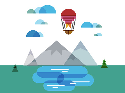 Up and Away branding clouds hot air balloon illustration lake mountains
