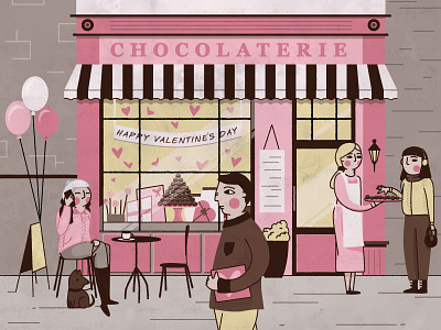 Valentines Day celebrate chocolate city editorial holidays illustration people pink shop front texture vector women