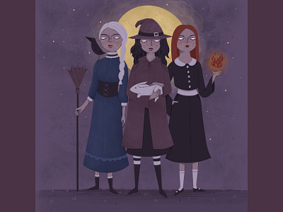 3 Witches broom bunny crow editorial evil evil eye fire power full moon halloween illustration people power of three spells spooky witchcraft witches women