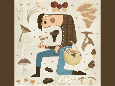 Mushroom Foraging autumn brown digital paitning editorial fall food foraging illustration mushrooms neutral people plaid procreate texture