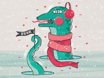 Ogopogo cold creature editorial illustration fantasy frozen illustration pink sea monster serpent texture vector winter