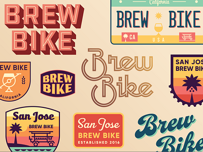 San Jose Brew Bike - Retro Badge Set beer california crest custom type license plate logo palm tree patch script sunset tour vintage