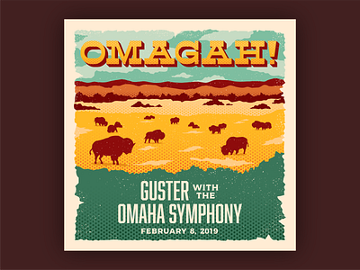 Omagah! Guster Live with the Omaha Symphony album art bison buffalo concert cover great plains halftone illustration music nebraska postcard prairie retro vintage western