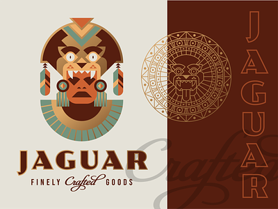 Brandimals 10 - Jaguar animal aztec clay custom type feather foil geometric gold headdress illustration logo mask mesoamerica script seal tribal warrior