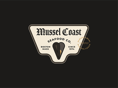 Mussel Coast Seafood Co. badge blackletter boston clam fish geometric gold illustration layout logo market mollusk mussel new england ocean oyster sea shell shellfish type