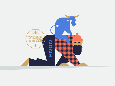 2021: Year of the Ox animal babe blue bull bunyan chinese new year cow farm flannel geometric illustration logo lumberjack ox plaid riding zodiac