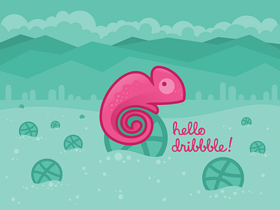 Hello Dribbble chameleon debut design dribbble first shot lizard illustration landscape logo