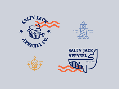 Salty Jack Apparel Brand brand identity branding captain drawing icon illustration lighthouse logo logomark nautical sailor typography whale