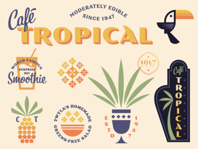 Cafe Tropical (from Schitt's Creek) bird geometric illustration leaves logo palm pineapple retro toucan tree vintage