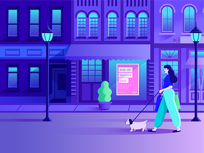 Walking a dog buildings character illustration cityscape dog downtown gradient graphic design illustration shop vector walking woman