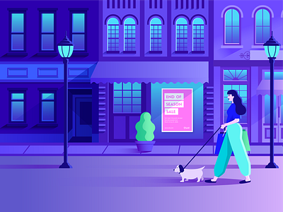 Walking a dog buildings character illustration cityscape dog downtown gradient graphic design illustration shop vector walking woman