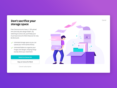 Canva Lite Dialog Illustration box canva character illustration design dialog file organization files folder gradient illustration paper stack storage storage space vector