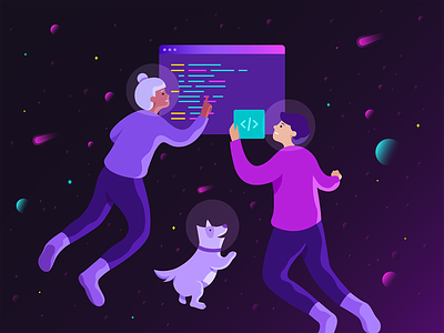 Developers at work astronaut character illustration coding developers dog gradient illustration space vector