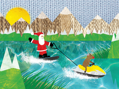 Wakeboarding christmas card card illustration lake mountains rudolf santa wakeboarding