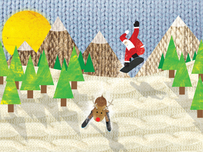 Snowboarding Christmas card card christmas illustration mountains rudolf santa skiing snowboarding