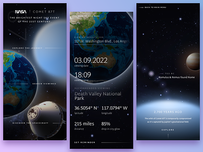 Comet Siting Concept app comet dark icons illustration mobile nasa planets search space stars timeline typography ui vector