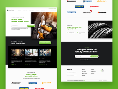 Rent to Own Tires Homepage asymmetry auto automotive branding cars dark design ecommerce gradient green homepage layout marketing modular rental shadow tires ui