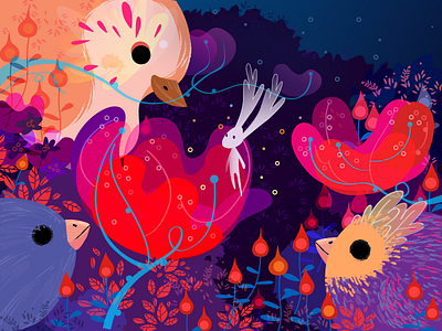 Night bird flowers illustrations