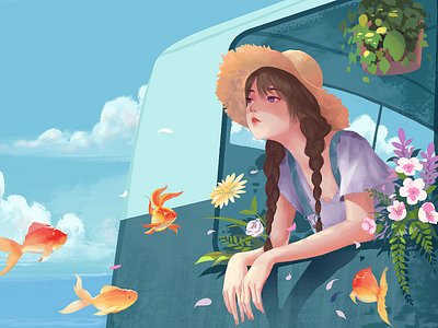 Flower sea blue sky flower girl goldfish illustrations sea straw hat white clouds