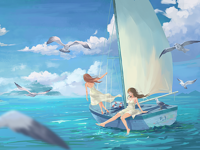 Summer in August bird blue sky boat cloud girl illustrations sailboat sea ship summer