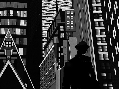 The Search architecture blackwhite building city comic geometry hat illustration man town