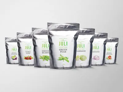 Juli Frozen Veggies - Packaging Design bag foil fresh handmade logo logotype natural onions silver tomatoes