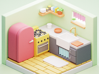 3d isometric room - kitchen 3d app art blender design graphic design illustration isometric ui website