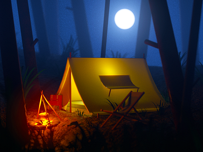 Night in the woods 3d c4d campfire camping cinema 4d cinema4d design illustration kindle render tent woods