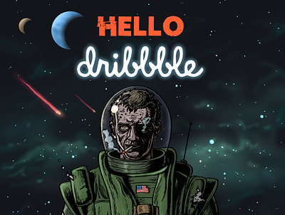 Hello, dribbble! astronaut cosmonaut cosmos debut debutshot digital art first shot graphic hello hello dribbble hellodribbble horror illustration invitation invite planets sci fi science fiction space zombie