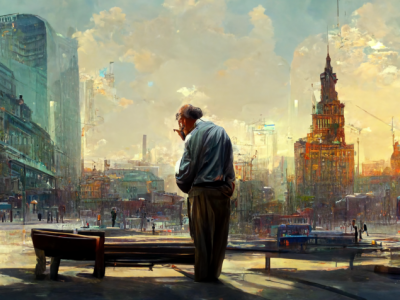 Illustration "Old man watching at city"