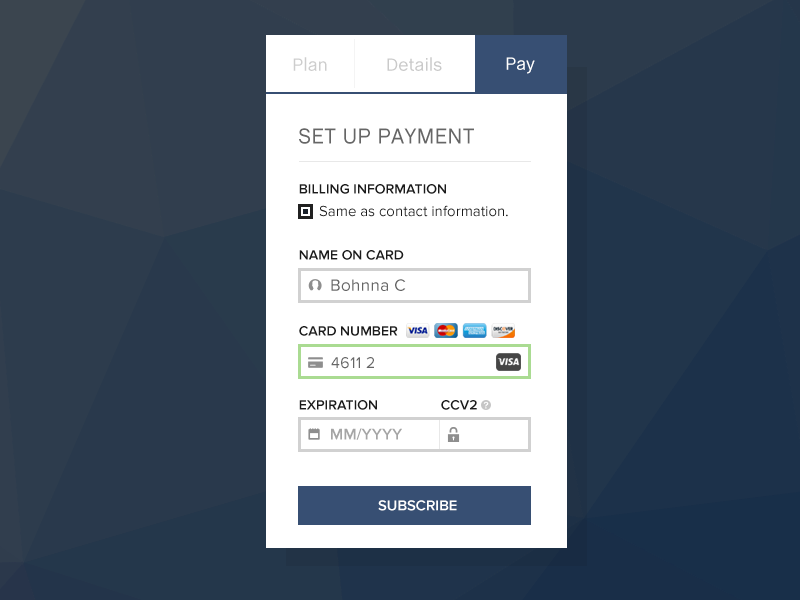 Credit Card Payment Form for Subscription Service application mobile credit card ui interface dailyui