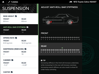 Settings UI celica dailyui racing settings suspension tuning video game