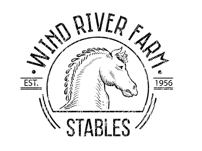 Logo for Wind River Farm Stables crosshatching farm horse ink logo logotype stables