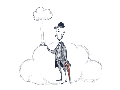 Clouds #02 blackwhite character design clouds gentleman hat illustration pencil rain sketch umbrella