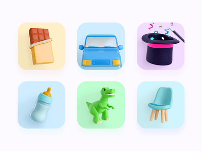 Rappi's business lines 3d baby business line candy car chair chocolate colors dinosaur feeding bottle furniture illustration joyful magic sweet toy wand whim