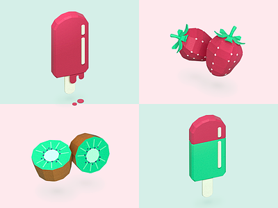Popsicles & fruits 3d color colors dessert flavors food fruit green ice cream illustration kiwi low poly melted paper popsicle red strawberry sweet